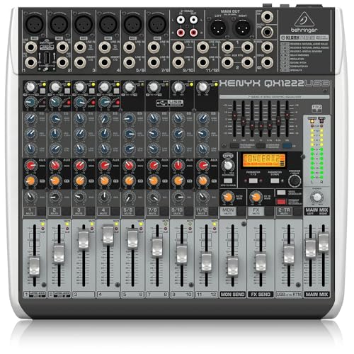 Behringer XENYX QX1222USB Premium 2/2-Bus-Mixer mit 16 Eingängen, XENYX-Mikrofonvorverstärkern und -Kompressoren, Klark Teknik Multi-FX-Prozessor, Wireless-Option und USB/Audio-Schnittstelle von Behringer