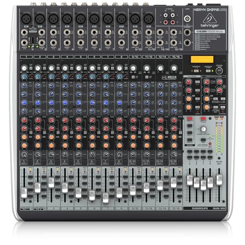 Behringer XENYX QX2442USB Premium 4/2-Bus-Mixer mit 24 Eingängen, XENYX-Mikrofonvorverstärkern und -Kompressoren, Klark Teknik Multi-FX-Prozessor, Wireless-Option und USB/Audio-Schnittstelle von Behringer