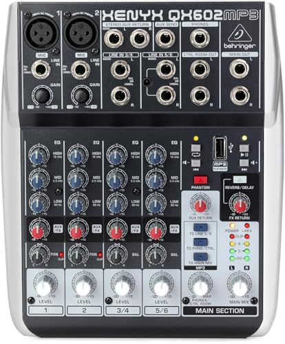 Behringer XENYX QX602MP3 Premium 6-Input 2-Bus Mixer mit XENYX Mic Preamps, British EQ, MP3 Player und Multi-FX von Behringer