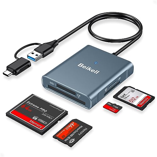 Beikell SD Kartenleser, 4 in 1 Speicherkartenleser mit USB 3.0 & USB C Stecker, Highspeed SD & Micro SD Kartenlesegerät, Parallelem Zugriff auf 4 Slots für SD/CF/MS Duo/SDHC/SDXC-Dunkelblau von Beikell