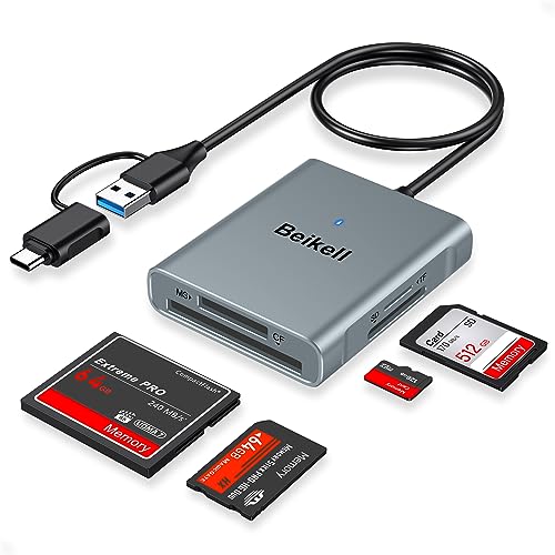 Beikell SD Kartenleser, 4 in 1 Speicherkartenleser mit USB 3.0 & USB C Stecker, Highspeed SD & Micro SD Kartenlesegerät, Parallelem Zugriff auf 4 Slots für SD/CF/MS Duo/SDHC/SDXC-Kühles Grau von Beikell