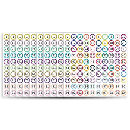 Beimus 10 Blatt fortlaufende Zahlenaufkleber 1–100 selbstklebende bunte Punkte, nummerierte Etiketten für Klassenzimmer, Büro, Zuhause von Beimus