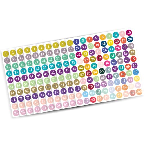 Beimus 10 Blatt fortlaufende Zahlenaufkleber 1–100 selbstklebende bunte Punkte, nummerierte Etiketten für Klassenzimmer, Büro, Zuhause von Beimus