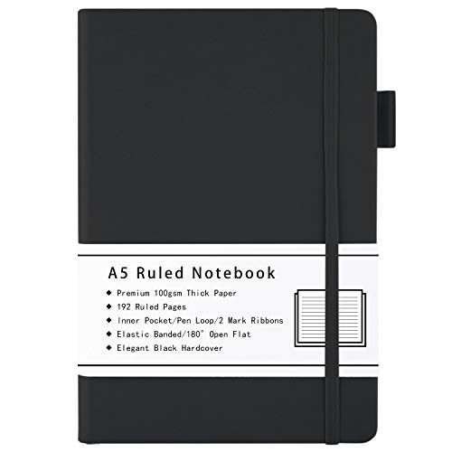 Beinushor A5 Notizbuch Liniert, mit Hardcover Ausgekleidetes Journal mit Dickem Premium 100GSM Papier, 192 Seiten, Innentasche, Stiftschlaufe, Gummiband, Kunstlederbezug, 14,5 x 21,3 cm (Schwarz) von Beinushor