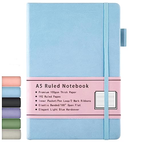 Beinushor Notizbuch A5, mit Hardcover Ausgekleidetes Journal mit Dickem Premium 100GSM Papier, 192 Seiten, Innentasche, Stiftschlaufe, Gummiband, Kunstlederbezug, 14,5 x 21,3 cm (Blau) von Beinushor