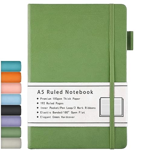 Beinushor Notizbuch A5, mit Hardcover Ausgekleidetes Journal mit Dickem Premium 100GSM Papier, 192 Seiten, Innentasche, Stiftschlaufe, Gummiband, Kunstlederbezug, 14,5 x 21,3 cm (Grün) von Beinushor