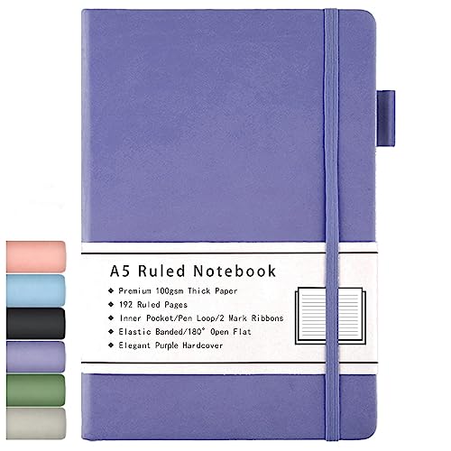Beinushor Notizbuch A5, mit Hardcover Ausgekleidetes Journal mit Dickem Premium 100GSM Papier, 192 Seiten, Innentasche, Stiftschlaufe, Gummiband, Kunstlederbezug, 14,5 x 21,3 cm (Lila) von Beinushor