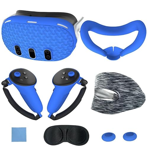 BeisDirect 7-teiliges Set für Meta Quest 3 Zubehör, Quest 3 VR Silikon Gesichtsabdeckung, VR Shell Cover, Quest 3 Touch Controller Grip Cover, Schutzlinsenabdeckung, Einweg-Augenabdeckung (Blau) von BeisDirect