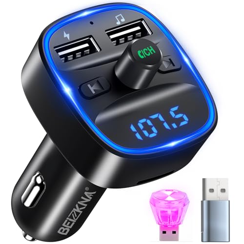 Bluetooth 5.3 FM Transmitter, KFZ Bluetooth Adapter Auto Radio, 2 USB Autoladegerät LED Display Auto Ladegerät Musik-Player Zigarettenanzünder mit Freisprechen, unterstützen BT, TF-Karte, USB-Disk von Beizkna