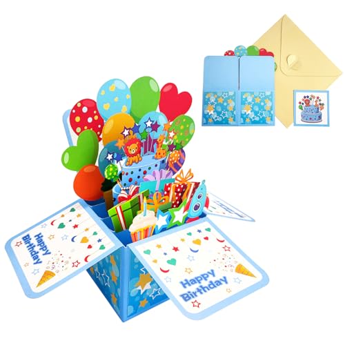 Bekecidi 3D Pop Up Geburtstagskarte für Jungen, Papier Kindergrußkarte mit Umschlag, Nachrichtenpapier Exquisite Luftballons Tiere Party Personalisiertes Geburtstagsgeschenk für Enkel, Kindergeschenk von Bekecidi