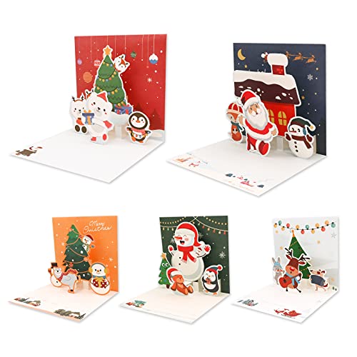 Bekecidi 5 Stück Pop Up Karte Weihnachten, Weihnachtskarten 3D mit Briefumschlag, Grußkarten Weihnachten für Weihnachtsgrüße, Geschenk, Freunde, Familie, Kinder von Bekecidi