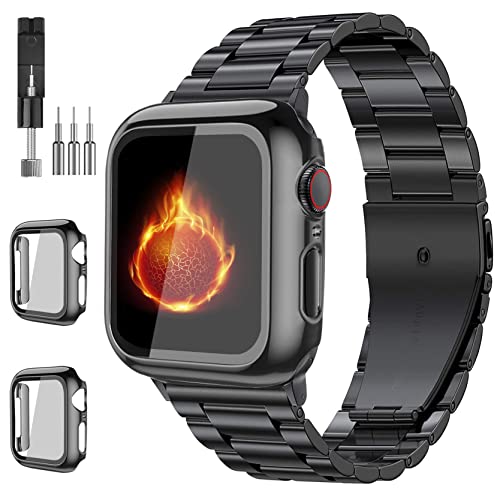 Bekomo Kompatibel mit Apple Watch Armband 44 mm, 45 mm, 42 mm, 40 mm, 38 mm, 41 mm, große iWatch-Armbänder mit 2 Stück gehärtetem Glas-Display-Hülle für Serie 8/7/6/5/4/3/2/1/1/SE für Herren, Schwarz von Bekomo