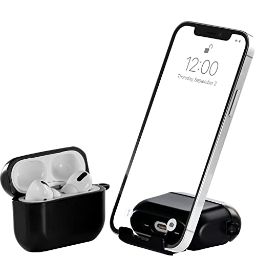 AirStand - AirPods Pro Case Cover mit unsichtbarem Telefonständer, kompatibel mit AirPods Pro, voller Schutz TPU & PC stoßfestes Gehäuse mit Schlüsselanhänger Karabiner (Mitternacht) von BelTech