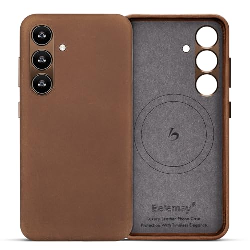 Belemay Zeitlose Lederhülle für Samsung Galaxy S24 Plus mit Magsafe - Top Grain Vintage Crazy Horse Leder - Metallknöpfe & Objektivschutz - Weich & Slim - Premium Cover (6,7 Zoll) - Retro Braun von Belemay