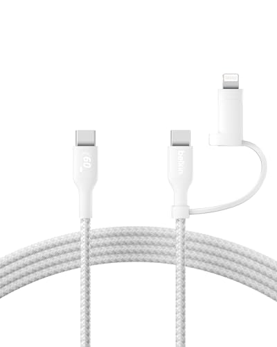 Belkin 2-in-1 Ladekabel mit USB-C-Stecker und Lightning Connector – geflochtenes Schnellladekabel, USB-C auf Lightning Ladekabel, Universal Ladekabel für Apple iPhone, iPad, Samsung usw. – Weiß von Belkin