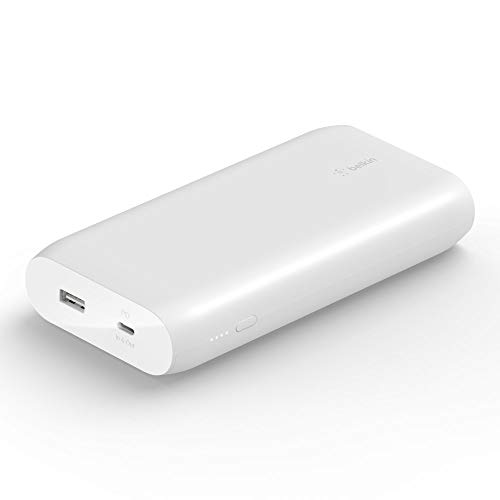 Belkin 20000mAh Powerbank zum Schnellladen, USB-C Power Delivery Power Bank, tragbares Ladegerät mit 30 W-USB-C- & 12-W-USB-A-Anschluss, 20K-Akkupack für MacBook, iPad, iPhone, Galaxy, Pixel – Weiß von Belkin