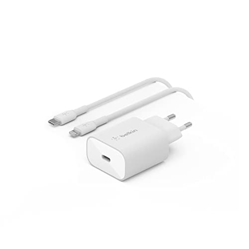 Belkin 25-W-Power Delivery-USB-C-PPS-Ladegerät mit USB-C/Lightning-MFi-Kabel, USB-C PD-Netzadapter, PPS-fähiges Schnellladegerät für Geräte wie das iPhone 14/14 Plus, 13, 12, 11 Pro, Pro Max, mini von Belkin