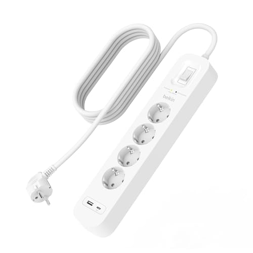 Belkin 4-Fach Steckdosenleiste mit Überspannungsschutz, Wandmontage, 4 Steckdosen, 2-m-Netzkabel, grüne Leuchtanzeige, USB-C- und USB-A-Anschluss mit USB-C PD zum Schnellladen; Schutz für 525 Joule Belkin 4-Fach Steckdosenleiste mit Überspannungsschutz, Wandmontage, 4 Steckdosen, 2-m-Netzkabel, grüne Leuchtanzeige, USB-C- und USB-A-Anschluss mit USB-C PD zum Schnellladen; Schutz für 525 Joule von Belkin