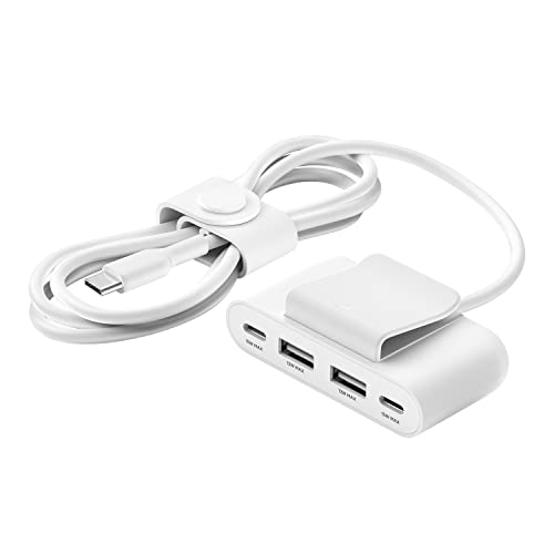 Belkin 4-Port USB-Splitter mit 2-m-Kabel, 2 USB-C- und 2 USB-A-Ports, USB-Adapter mit 30 W Leistung, Schnellladen des iPhone 14 und Samsung Galaxy S23, umweltfreundliche Ausführung, Abnehmbarer Clip von Belkin