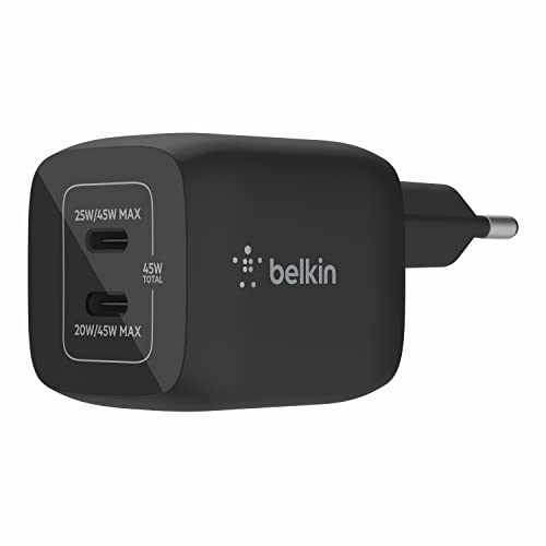 Belkin 45-W-USB-C-Ladegerät mit 2 Ports, Schnellladen mit Power Delivery 3.0 und GaN-Technologie für iPhone 15, Plus, Pro, Pro Max, iPad Pro, Air, MacBook, Galaxy S24, Plus, Ultra, Tab, Pixel, usw. von Belkin