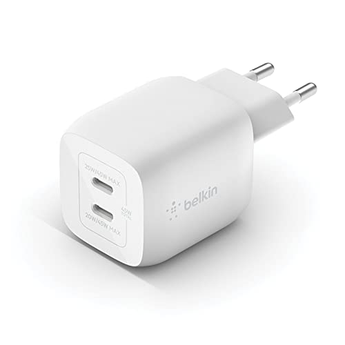 Belkin 45-W-USB-C-Ladegerät mit 2 Ports, Schnellladen mit Power Delivery 3.0 und GaN-Technologie für iPhone 15, Plus, Pro, Pro Max, iPad Pro, Air, MacBook, Galaxy S24, Plus, Ultra, Tab, Pixel, usw. von Belkin