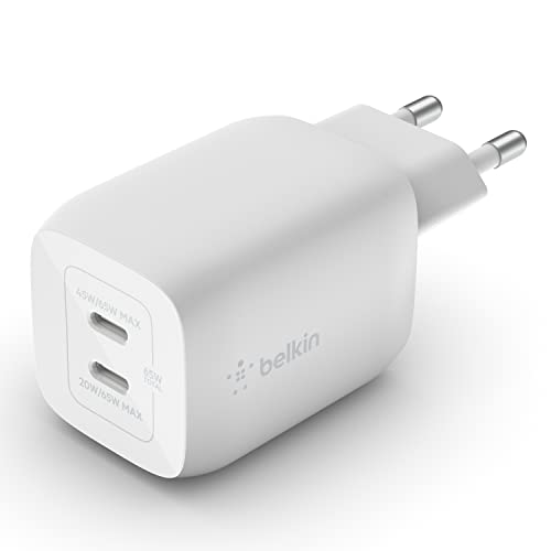 Belkin 65-W-USB-C-Ladegerät mit 2 Ports, Schnellladen mit Power Delivery 3.0 und GaN-Technologie für iPhone 15, Plus, Pro, Pro Max, iPad Pro, Air, MacBook, Galaxy S24, Plus, Ultra, Tab, Pixel, usw. von Belkin