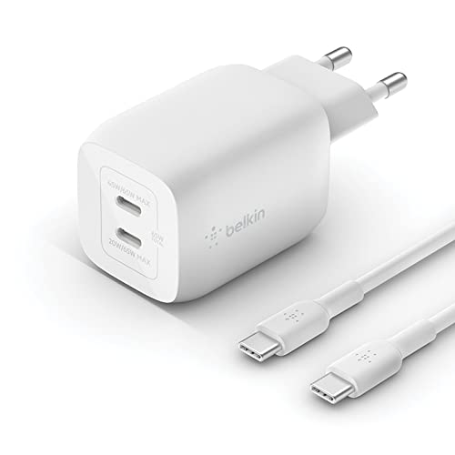 Belkin 65-W-USB-C-Ladegerät mit 2 Ports und USB-C/C-Kabel, Schnellladen mit Power Delivery 3.0 und GaN-Technologie für iPhone 16/15, Plus, Pro, Pro Max, iPad Pro, MacBook, Galaxy S24, Tab, Pixel, usw. von Belkin