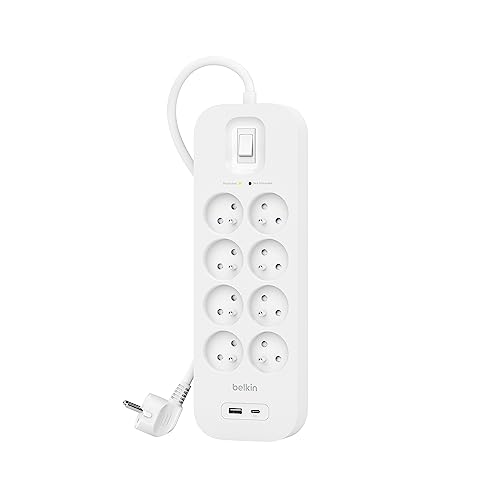 Belkin 8-Fach Steckdosenleiste mit Überspannungsschutz, Wandmontage, 8 Steckdosen, 2-m-Netzkabel, grüne Leuchtanzeige, USB-C- und USB-A-Anschluss mit USB-C PD zum Schnellladen; Schutz für 900 Joule von Belkin