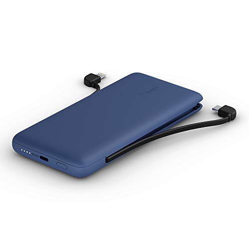 Belkin BOOSTCHARGE Plus 10K tragbares Ladegerät und Powerbank (10.000 mAh mit integriertem Lightning- (MFI) und USB-C-Kabel und zusätzlichem USB-C-Ladeanschluss) – Blau von Belkin