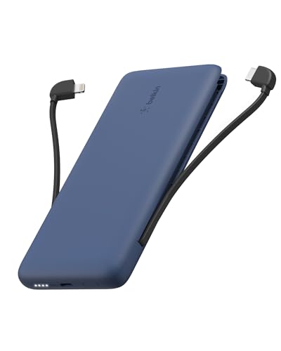 Belkin BOOSTCHARGE Plus 10K tragbares Ladegerät und Powerbank (10.000 mAh mit integriertem Lightning- (MFI) und USB-C-Kabel und zusätzlichem USB-C-Ladeanschluss) – Blau von Belkin