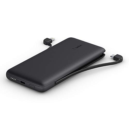 Belkin BOOSTCHARGE Plus 10K tragbares Ladegerät und Powerbank (10.000 mAh mit integriertem Lightning- (MFI) und USB-C-Kabel und zusätzlichem USB-C-Ladeanschluss) – Schwarz von Belkin