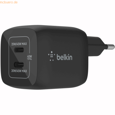 Belkin Belkin 45W Dual USB-C GaN Ladegerät Power Deliver, PPS, blk von Belkin