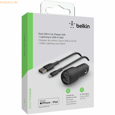 Belkin Belkin Dual USB-A Kfz-Ladegerät incl. Lightning Kabel 1m 24W b von Belkin