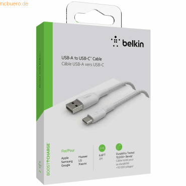 Belkin Belkin USB-C/USB-A Kabel ummantelt, 2m, weiß von Belkin