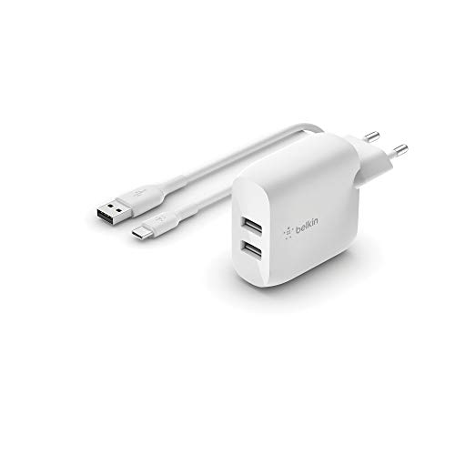 Belkin Boost Charge USB-A-Ladegerät, 24 W, mit zwei Anschlüssen und USB-A/USB-C-Kabel (Für Pixel, iPad Pro und andere Geräte, etwa von Samsung) von Belkin