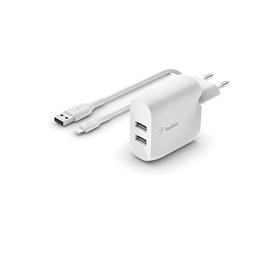 Belkin Boost Charge USB-A-Netzladegerät, 24 W, mit zwei Anschlüssen und USB-A/Lightning-Kabel (für iPhone SE, 11, 11 Pro, 11 Pro Max, XS, XS Max, XR, X, 8, iPad und AirPods) von Belkin