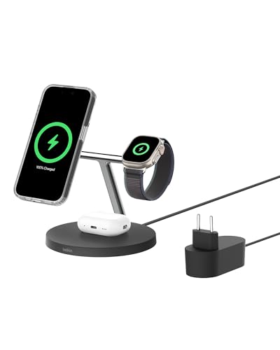 Belkin BoostCharge 3 in 1 Qi2 Wireless Charger, MagSafe Charger, Induktive Ladestation mit Qi2 für Apple iPhone 16 Series, Apple Watch, AirPods, rutschfeste Basis mit Netzteil - Schwarz von Belkin