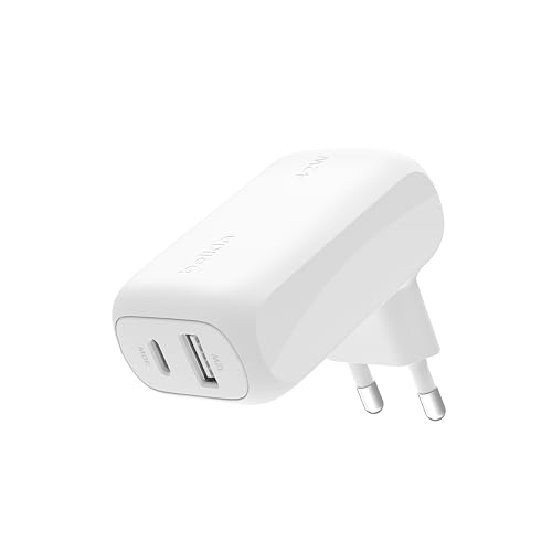 Belkin BoostCharge 42-W-USB-Ladegerät mit 2 Anschlüssen, USB-C- + USB-A-Charger; Schnellladen für iPhone 15, 15 Plus, 15 Pro, 15 Pro Max, 14, 13, Galaxy S24, S23, Plus, Ultra, iPad, AirPods – Weiß von Belkin