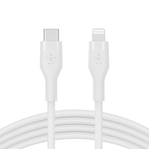 Belkin BoostCharge Flex Silikon-USB-C/Lightning-Kabel, 2 m, MFi-zertifiziert, 20 W, zum Schnellladen mit PD Power Delivery für iPhone 14/14 Plus, 13, 12, Pro, Max, mini, SE und andere Geräte – Weiß von Belkin