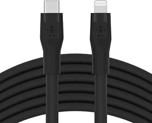 Belkin BoostCharge Flex Silikon-USB-C/Lightning-Kabel, 3 m, MFi-zertifiziert, 20 W, zum Schnellladen mit PD Power Delivery für iPhone 14/14 Plus, 13, 12, Pro, Max, mini, SE und andere Geräte – Schwarz von Belkin