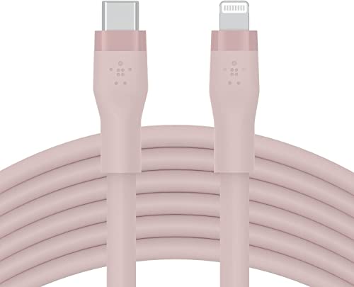 Belkin BoostCharge Flex Silikon-USB-C/Lightning-Kabel, 3 m, MFi-zertifiziert, 20 W, zum Schnellladen mit PD Power Delivery für iPhone 14/14 Plus, 13, 12, Pro, Max, mini, SE und andere Geräte – Rosa von Belkin