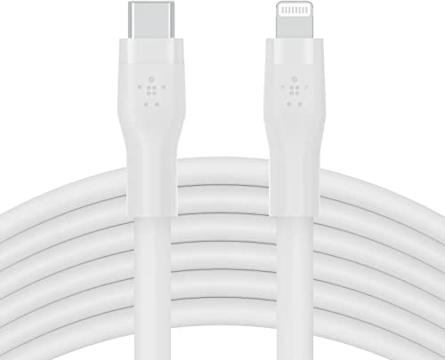 Belkin BoostCharge Flex Silikon-USB-C/Lightning-Kabel, 3 m, MFi-zertifiziert, 20 W, zum Schnellladen mit PD Power Delivery für iPhone 14/14 Plus, 13, 12, Pro, Max, mini, SE und andere Geräte – Weiß von Belkin