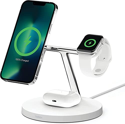 Belkin BoostCharge PRO 3-in-1 kabelloses Ladegerät mit MagSafe für iPhone 13, Apple Watch, AirPods (lädt iPhone-13-Modelle bis zu 15 W), Weiß von Belkin