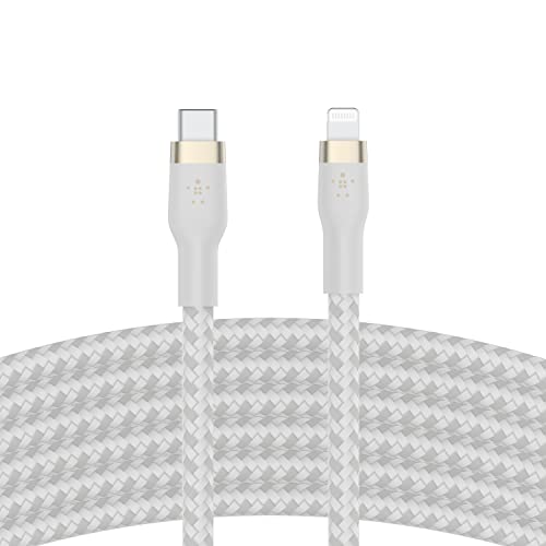 Belkin BoostCharge Pro Flex geflochtenes USB-C/Lightning-Kabel, 3 m, MFi-zertifiziert, 20 W, zum Schnellladen mit PD Power Delivery für Geräte wie iPhone 14/14 Plus, 13, 12, Pro, Max, mini – Weiß von Belkin