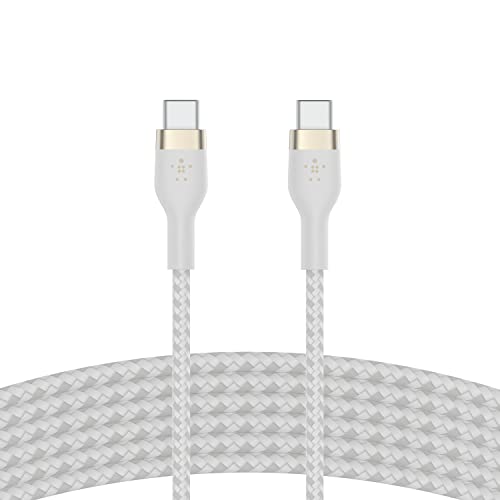 Belkin BoostCharge Pro Flex geflochtenes USB-C/USB-C-Ladekabel, USB-IF-zertifiziert zum Schnellladen mit Power Delivery PD für iPhone 15, Galaxy S24, Pixel, iPad Pro, Mini, MacBook, 3 m – Weiß von Belkin