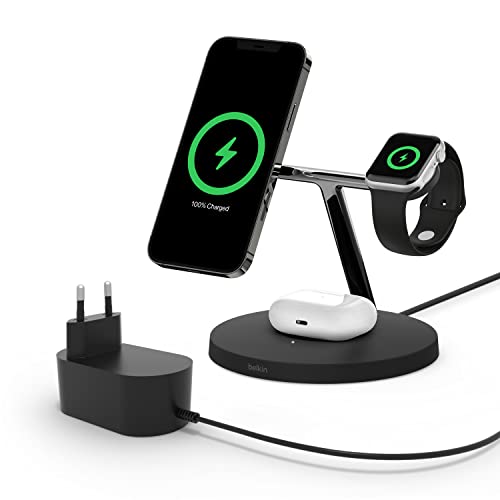 Belkin BoostCharge Pro drahtloses 3-in-1-Ladegerät mit MagSafe für iPhone 15, 14, 13, 12 + Apple Watch + AirPods (Magsafe Ladestation lädt iPhone 14-Modelle magnetisch mit bis zu 15 W auf) - Schwarz von Belkin
