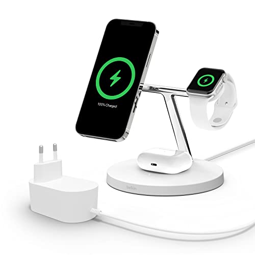 Belkin BoostCharge Pro drahtloses 3-in-1-Ladegerät mit MagSafe für iPhone 15, 14, 13, 12 + Apple Watch + AirPods (Magsafe Ladestation lädt iPhone 14-Modelle magnetisch mit bis zu 15 W auf) - Weiß von Belkin