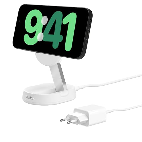 Belkin BoostCharge Pro induktive Ladestation 15W, Qi2-Ladegerät, kabelloses Ladegerät, kompatibel mit MagSafe, kabelloses Qi2-Ladestation für Apple iPhone 15, 14, 13, 12, inkl. 20-W-Netzteil – Weiß von Belkin