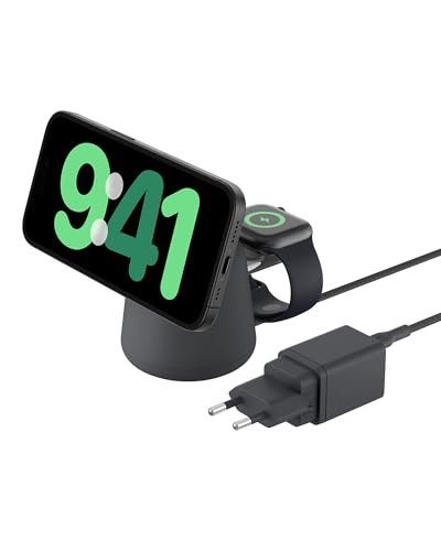 Belkin BoostCharge Pro kabellose 2-in-1-Ladestation mit MagSafe (15 W), MagSafe Ladegerät, kompatibel mit iPhone der Serien 16, 15, 14, 13, 12, AirPods und Anderen MagSafe-fähigen Geräten von Belkin