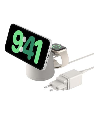 Belkin BoostCharge Pro kabellose 2-in-1-Ladestation mit MagSafe (15 W), MagSafe Ladegerät, kompatibel mit iPhone der Serien 16, 15, 14, 13, 12, AirPods und Anderen MagSafe-fähigen Geräten von Belkin